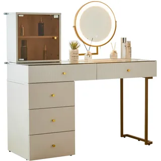 Modfu Schminktisch aus Glas und Spanplatte 120x45x115 cm Weiß/Gold mit LED-Spiegel und flexiblem Seitenschrank , Holzwerkstoff , 120x115x45 cm , Schlafzimmer, Schminktische