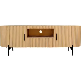 TV-Board SIT "Sapa aus Mangoholz mit Lamellen-Design, 2 Türen & Schublade", beige (natur, schwarz), B:160cm H:60cm T:45cm, Massivholz, Metall, Sideboards, TV-Board, Offenes HiFi-Fach mit Kabeldurchführung & 20 cm Metallfüßen