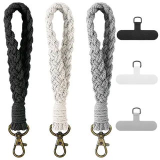 3 Stück Boho-Makramee-Handgelenkschlaufe mit 3 Stück Handy-Haltebändern, Handy-Umhängeband, handgefertigtes Smartphone-Armband, Schlüsselringhalter, Verbindungsflicken für Damen und Herren