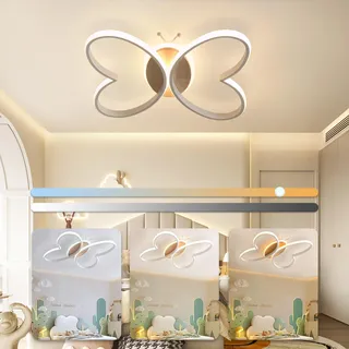 YLFXL LED Deckenleuchte Kinderzimmer 50W Kinderzimmer Lampe Decke Dimmbar, 48cm Kreative Schmetterling Deckenlampe Schlafzimmer Holz Kinderzimmerlampe für Wohnzimmer, Schlafzimmer