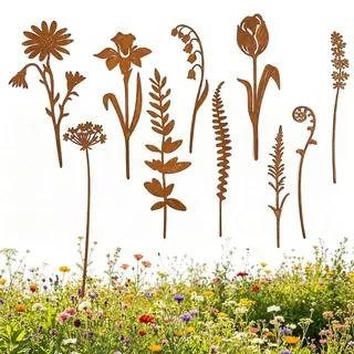 Gartenstecker Rost Blumen, 10 Stück Metall Blumenstecker Rostdeko, Gartenstecker Vögel Deko Rost mit Metallstab, Eisen-Blumenstecker mit Vintage-Charme, Gartendeko Metall, für Draußen Frühling