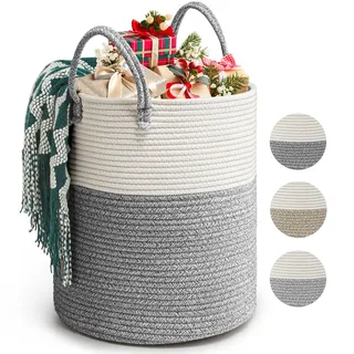 Rieeyrslza Wäschekorb für Decken 39L Geflochten Wäschesammler Baumwolle Seil Korb Faltbare Vielseitiger Aufbewahrungskorb mit Henkel Geeignet für Wohnzimmer und Schlafzimmer (Grau)