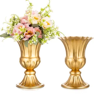 Sziqiqi Metall Gold Urn Vasen Hochzeit: Kleine Vasen für Tischdeko 2Stk | Dick, H23cm/ ⌀12.8cm/ T15cm, Trompetenvase für Kunstblume, Vintage, Hochzeitdeko, Taufe, Esstisch, Party