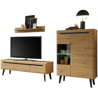 Furn.Design Wohnwand Artisan Eiche schwarz, Wohnkombination 3-teilig skandinavisch, 270 x 170 cm , Holzwerkstoff , Nachbildung,Eiche , Uni , 5 Fächer , eckig , 270x170x40 cm , Wohnzimmer, Wohnwände