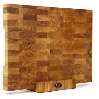 B4K 43х33x4,3cm mit Ständer Hackblock aus Eiche Stirnholz | Hirnholzbrett mit Griffen und Silikonfüßen | Antibakterielles Hirnholzbrett | Stirnholzbrett | Küchenbrett | Schneidebrett