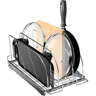 Einstellbares Geschirr-Abtropfgestell mit Utensilienhalter - 26,4 x 53,3 cm - Küchenschrank-Organizer für Töpfe, Pfannen und Schneidebretter - Geschirrtrockner - Silber