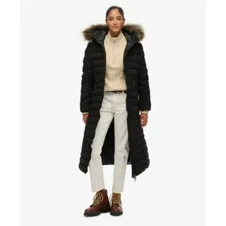 Superdry für Damen. W5012001A Fuji Kunstpelz Longline Mantel schwarz (L), Lässig, Polyester
