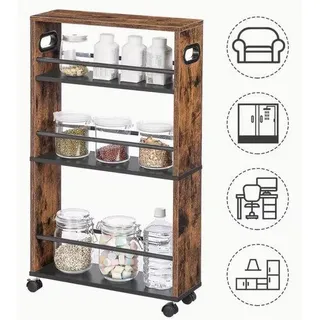 Schmal 4-Schicht Küchenwagen – Kleine Servierwagen mit 360-Grad drehbaren Rädern, Stabiles Aufbewahrungsregal für Küche, Bad oder Waschküche, Industrieller Entwurf, 45 × 15 × 80 cm, Dunkelbraun