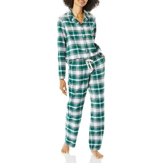 Amazon Essentials Damen Flanell-Schlafanzug mit Shirt mit Langen Ärmeln und Knopfleiste vorne und Hose, Dunkelgrün Weiß Karomuster, XXL