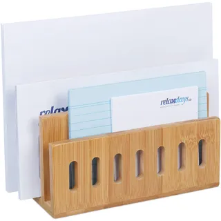 Relaxdays Dokumentenhalter Bambus, 3 Fächer, praktischer Briefständer, fürs Büro, Briefhalter, HBT: 13x18x8 cm, Natur