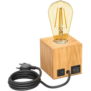 ledscom.de Tischlampe HITO, Holz massiv, eckig, USB, inkl. E27 Lampe Retro, gold, max. 814lm, 3-Stufen, extra-warmweiß