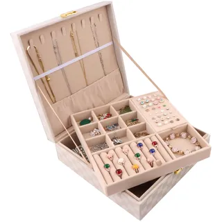 Homeanda Schmuckkästchen Große Kapazität 2-Schicht Leder Schmuckbox für Damen - Schmuckaufbewahrung Organizer für Ketten, Ringe, Ohrringe, Armbänder(Weiß)