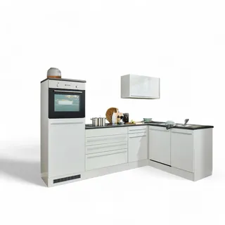 Jazz 6 Moderne Eckküche ohne Elektrogeräte in Weiß Hochglanz, Metallic Grau - Geräumige Küchenzeile in L-Form mit viel Stauraum - 260 x 200 x 60 cm (B/H/T)