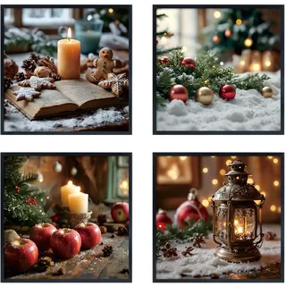kollyseek Poster Wandbilder Wohnzimmer Modern -4 pcs 40x40cm Weihnachts Apfel Weihnachtsabend - Kerzen und Gewürze deko Leinwand Wohnzimmer Wanddekoration (Ohne Rahmen 30x40cm)