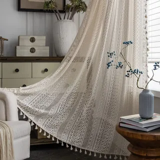 Sutuo Home Boho Curtain Crochet Lace Semi-Sheer Bohemian Hollow Knitted Handmade Tassels, Rod Pocket Window Treatment Vintage Rustic Farmhouse Drapes for Living Bedroom, 1 Panel 59" W x 84" L, Beige