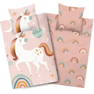 Aminata kids Bettwäsche 135x200 Biber Einhorn Regenbogen-Motiv Kinder Mädchen Baumwolle Rosa YKK Reißverschluss - Einhorn-Wende-Bettwäsche-Set Warm, Weich & Kuschelig - Flanell Tier-Motiv