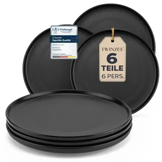 Steingut Frühstücksteller Set für 6 Personen - 6-teiliges Set in Matt-Schwarz, Mikrowellengeeignet, Kleine Teller für Dessert, Salat und Frühstück - Twinzee Ebony Collection