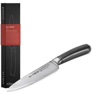 KLAMER Damast Allzweckmesser 13 cm – scharfes Küchenmesser aus 67 Lagen japanischem Damaszener Stahl (61 HRC), präziser 13 Grad Schnittwinkel, ergonomischer Pakkaholzgriff, Profi Kochmesser