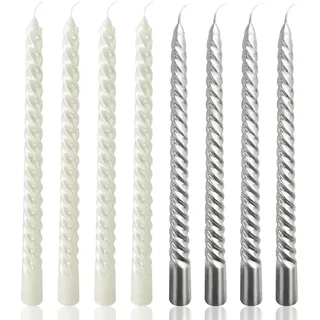VIKY® 8 Stück Tropffreie Spitzkerzen 25 cm Lang - 4x Silber Kerzen & 4x Weiß Kerzen - Gedrehte Stabkerzen für Weihnachtsdekoration, Frosted Winter Deko, Geruchlos