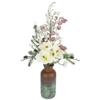 Winterliche Kunstpflanze I.GE.A. "Gesteck mit Amaryllis in Vase aus Keramik, Kunstblumen-Arrangement", weiß, B:27cm H:52cm T:19cm, Kunststoff, Polyester, Kunstpflanzen, Winterliche Kunstpflanze, Weihnachtsdeko mit Blüten, Zweigen mit Zapfen, Beeren und Eukalyptus