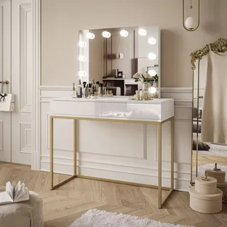 Schminktisch BLANCO GOLD ELITE mit Spiegel und Beleuchtung , Gold matt / Weiß hochglanz Push to open - Weiß