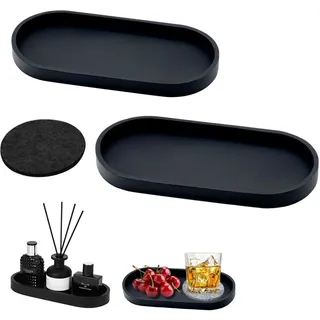 Deko Tablett 2 Stück - Schwarz Silikon Ablageschale Mit Untersetzer für Waschtisch, Badewanne, Küchenspüle und Toilette (Oval)
