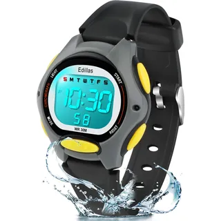 Edillas Kinderuhr Analog für Jungen Mädchen,wasserdichte Armbanduhr Jungen Mädchen Kinder Kleinkind zum Leicht zu lesen Lernen Zeitschule mit Weichem Riemen Lernen Uhren (Schwarz-8207)