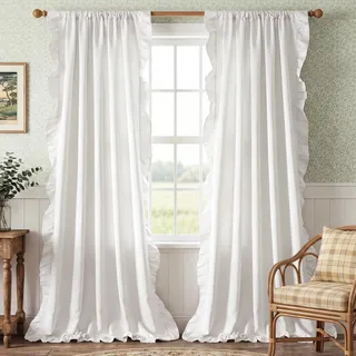 StangH Rüschenvorhänge für Schlafzimmer, Bauernhaus-Stil, Shabby-Chic-Stil, Fenstervorhang-Set, Privatsphäre, Schutz für Esszimmer/Badezimmer/Wohnzimmer/Schlafsaal/Landhaus, Weiß, B 52 x L 84, 2