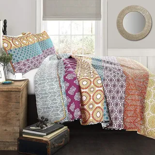 Lush Decor Wende-Bettwäsche-Set aus Baumwolle, Bohemian-Streifen, 3-teilig, Doppelbettgröße, Fuchsia und Orange, Boho-Bettwäsche-Set, kräftig und bunt, gestreifte Steppdecke, maximalistische und