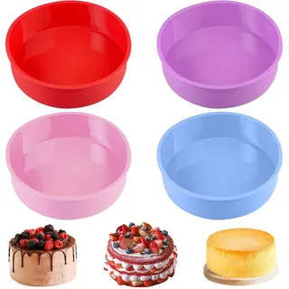 4 Stück Silikon Backform Rund 20cm, 8 Zoll Silikonform Kuchen, BPA-Freie Antihaft Silikon Kuchenform Rund Silikonform Backen für Schichtkuchen, Obstkuchen, Mousse-Kuchen, Brot, Lasagne und Mehr