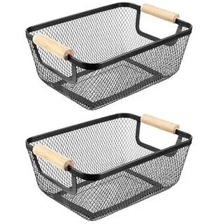 Drahtkörbe, 2PCS Metallkörbe Aufbewahrungskörbe Küchenkorb mit Holzgriffen Obstkorb Hängend Organizer Multifunktionaler Netz-Metallkörbe Regalkörbe für Küche Speisekammer Badezimmer Schlafzimmer