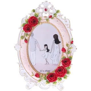 BM-502 Rosen Dekor Barock romantisch Landhaus Stil rosa weiß oval Foto-Bilderrahmen Dekoration Fotogröße 13x18cm (5x7zoll)