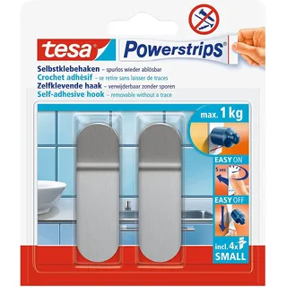 Tesa Powerstrips Small Metall - 1 kg Halteleistung | 2 selbstklebende Metallhaken - für Glas, Kacheln, Holz, Kunststoff und andere Untergründe - spurlos ablösbar
