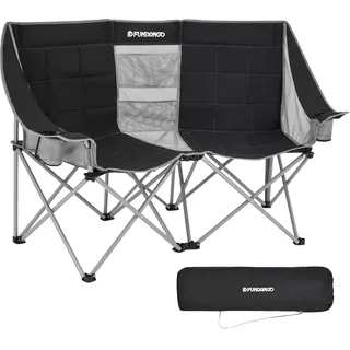 FUNDANGO Campingstuhl Faltbar für 2 Personen, Klappstuhl Camping XXL 2 Sitzer, Campingsofa Hochlehner Gepolstert Extra Lang für Outdoor Garten Balkon Indoor, Camping Stuhl 200 kg Belastbar, Schwarz