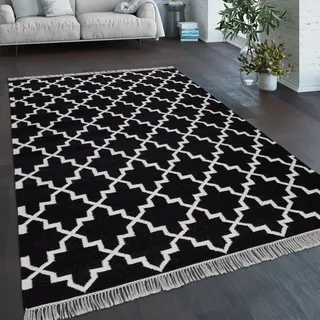 Teppich Wohnzimmer Marokkanisches Muster Fransen Handgewebt Wolle Schwarz Weiß Grösse 140x200 cm - Schwarz