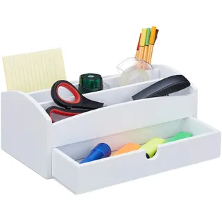Relaxdays Schreibtisch Organizer, Büroorganizer aus Bambus, mit Fächern und Schublade, Büro, HBT 11 x 27,5 x 15 cm, weiß