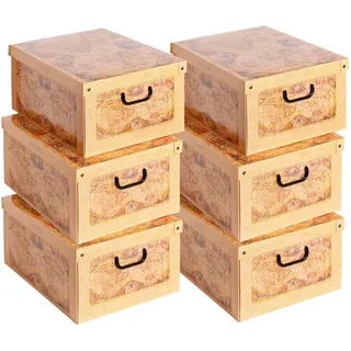 Set aus 6 Aufbewahrungsboxen mit Deckel – Große Kleiderboxen aus Karton 40x50x25 cm – Robust, leicht zu montieren, mit Tragegriffen – Perfekt für Kleiderschrank & Saisonwechsel Karte
