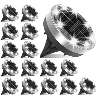 Klein Solar Bodenleuchten Aussen, 16 Stück 8 LED Mini Solarleuchten für Außen, Solarlampen für Außen, Led Solar Gartenleuchten, Kaltweiß, IP65 Wasserdicht, Edelstahl, Geeignet für Rasen, Gehweg