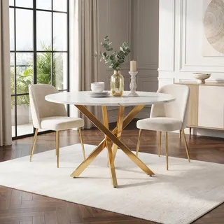 MODFU Runder Esstisch 80 cm mit Marmorplatte, Goldbeinen und modernem Kreuzfuß, Eleganter Küchentisch für Esszimmer Küche und Wohnzimmer, Gold/Weiß - Gold