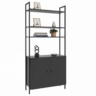 Relaxdays Bücherregal, HxBxT: 159,5 x 60 x 24 cm, 6 Fächer, Regal mit Unterschrank, MDF & Metall, Standregal, schwarz