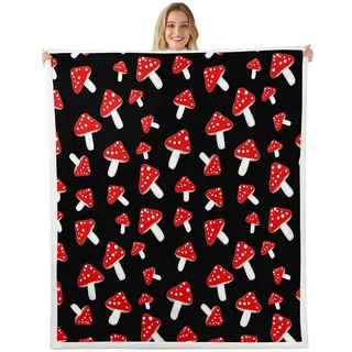 Feelyou Mushrooms Plush Throw Blanket Cute Botanical Sherpa Blanket for Kids Boys Girls Natural Wild Fungus Fleece Throw Blanket Red Mushroom Fuzzy Blanket for Sofa Bed Couch 30"x40" Black