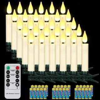 yunsheng 30 stk LED Weihnachtsbaumkerzen kabellos mit Fernbedienung Timer, Batteriebetriebene Flammenlose Flackern Weihnachtskerzen, Christbaumkerzen lichterkette, IP64, (Enthält 30 Batterien)