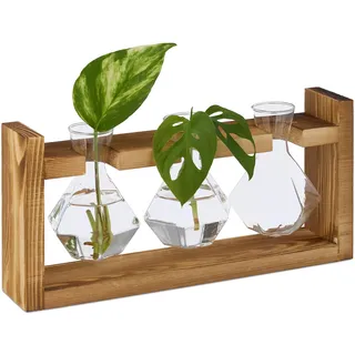 Relaxdays Ständer Reagenzglas Vase, runde Glasvasen mit Halterung, Blumen & Pflanzen, HxBxT: 13x28x6,5 cm, transparent/Natur, Geometrisch