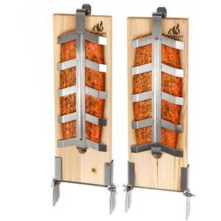 FEUERGOTT Flammlachsbrett Classic 2er-Set mit Edelstahl-Halterung zum Grillen und Räuchern von Lachs, Forellen - Zedernholz für Feuerschale, Grill, Lagerfeuer