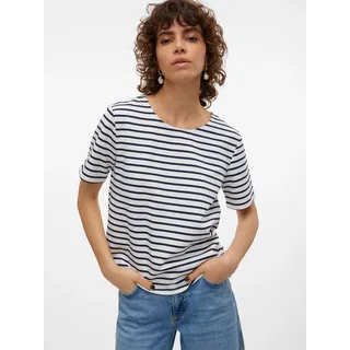 Rundhalsshirt VERO MODA "VMABBY SS ZIP TOP JRS NOOS", Damen, Gr. XS, blau (snow weiß stripes:navy blazer), Jersey, Obermaterial: 77% Polyester, 19% Viskose, 4% Elasthan, gestreift, normal, Rundhals, Shirts Rundhalsshirt, Materialmix, regular fit