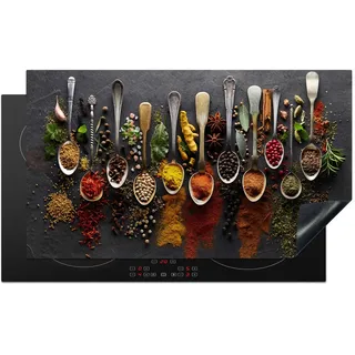 KitchenYeah© Herdabdeckplatte Einteilig Glaskeramikkochfeld Abdeckplatte Küche Deko | 90x52 cm - Glaskeramikkochfeldabdeckung Herdabdeckung Induktionsmatte Kräuter - Gewürze - Beton - Löffel