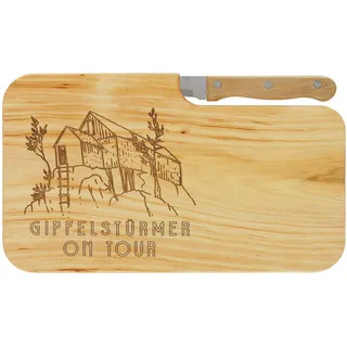 LASERHELD | Brotzeitbrett Holz mit Gravur “Gipfelstürmer on Tour” & Messer | 26 x 15 cm | Frühstücksbrettchen Holz Schneidebrett Jausenbrett | Geschenk für Wanderer und Bergfreunde zum Vatertag