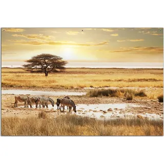 Wallario Outdoor-Poster für Garten oder Balkon, Motiv Safari in Afrika eine Herde Zebras am Wasser, in ca. 61 x 91,50 cm - Braun