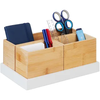 Relaxdays Bambus Organizer, 4-teiliges Set, Schreibtischutensilien, Kosmetik, für Büro, Bad, Ablageschale, Natur/weiß