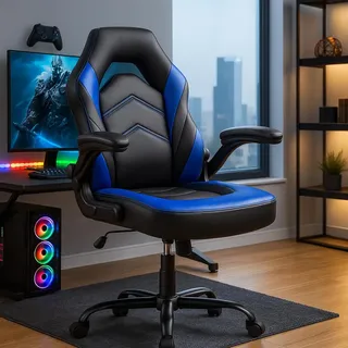 DUMOS Gaming Stuhl - Ergonomischer Gaming Sessel, Verstellbarer Drehbarer Gamingstuhl aus PU-Leder mit klappbaren Armlehnen, Geeignet für Zuhause, Büros usw(Schwarz-Blau)